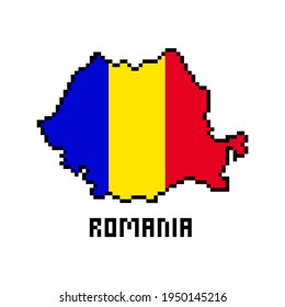 2d 8 bit pixel art Romania map covered with flag isolated on white background. Old school vintage retro 80s, 90s platform computer, video game graphics. Slot machine design element. Country geography.