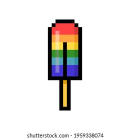 2d 8 Bit Pixel Art Rainbow Ice Cream Popsicle On A Stick Icon Isolated On White Background. Summer Dessert. LGBT Symbol. Vintage Retro 80s, 90s Computer, Video Game Graphics. Slot Machine Design.