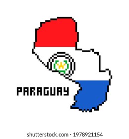 2d 8 bit pixel art Republic of Paraguay map covered with flag isolated on white background. Old school vintage retro 80s, 90s platform computer, video game graphics. South American country symbol.