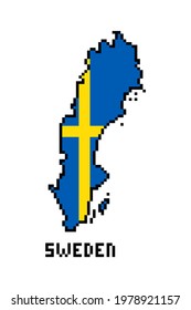 2d 8 bit pixel art Kingdom of Sweden map covered with flag isolated on white background. Old school vintage retro 80s, 90s platform computer, video game graphics. European country symbol.