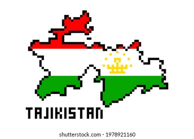 2d 8 bit pixel art Republic of Tajikistan map covered with flag isolated on white background. Old school vintage retro 80s, 90s platform computer, video game graphics. Slot machine design element.