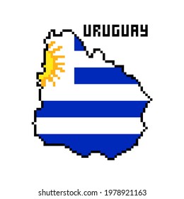 2d 8 bit pixel art Oriental Republic of Uruguay map covered with flag isolated on white background. Old school vintage retro 80s, 90s platform computer, video game graphics. South American country.