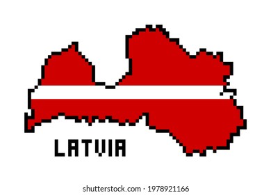 2d 8 bit pixel art Republic of Latvia map covered with flag isolated on white background. Old school vintage retro 80s, 90s platform computer, video game graphics. Slot machine design element.