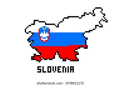 2d 8 bit pixel art Republic of Slovenia map covered with flag isolated on white background. Old school vintage retro 80s, 90s platform computer, video game graphics. Slot machine design element.