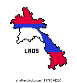 2d 8 bit pixel art Laos map covered with flag isolated on white background. Old school vintage retro 80s, 90s platform computer, video game graphics.Slot machine design element.Asian country georgaphy