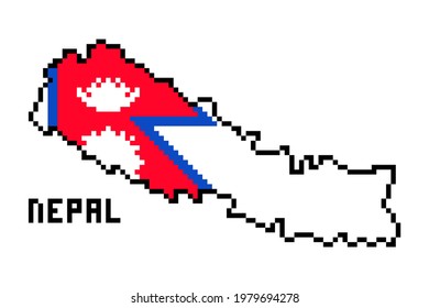 2d 8 bit pixel art Nepal map covered with flag isolated on white background. Old school vintage retro 80s, 90s platform computer, video game graphics. Slot machine design element.
