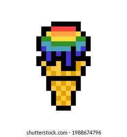 2d 8 bit pixel art rainbow ice cream cone icon isolated on white background. Summer dessert symbol. Vintage retro 80s, 90s computer, video game graphics. Slot machine design element.