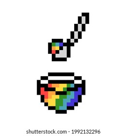 2d 8 bit pixel art rainbow ice cream in a glass bowl with a spoon icon isolated on white background. Summer dessert. Vintage retro 80s, 90s Slot machine, computer, video game graphics.