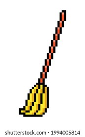 2d 8 Bit Pixel Art Broom Icon Isolated On White Background. Domestic Cleaning Tool Symbol. Vintage Retro 80s, 90s Computer, Video Game, Slot Machine Graphics. Sweeping Equipment. Witch's Besom.