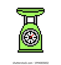 2d 8 bit pixel art analog cook scales icon isolated on white background. Weighting equipment symbol. Vintage retro 80s, 90s computer, video game, slot machine graphics. Kitchen measurement device logo
