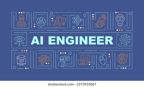 2D AI engineer text with various thin line icons concept on dark blue monochromatic background, editable 2D vector illustration.