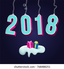 2d amount letters hanging from a rope and holiday packaged gift. New year banner