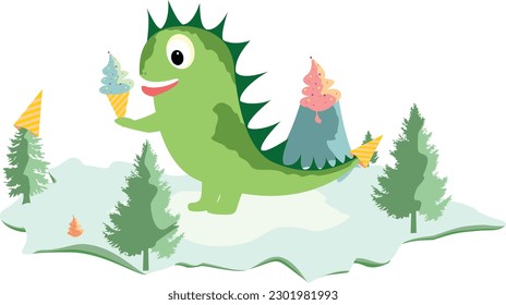 2D animation cute dinosaur eating ice cream and an ice theme