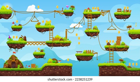 2d arcade game level map interface. Platform, stairs, coins, bonus and quest icons. Vector landscape with floating ground islands with grass, ropes and ladders in sky with clouds, adventure background