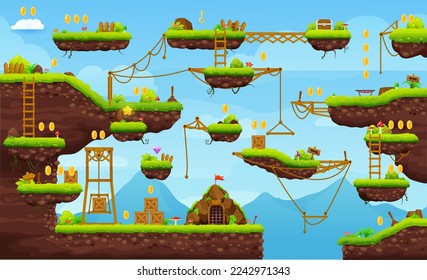 2d arcade game level map interface. Platform, stairs, coins, bonus and box icons. Mobile video game stage backdrop, console game vector screen or retro arcade environment landscape with jump platforms