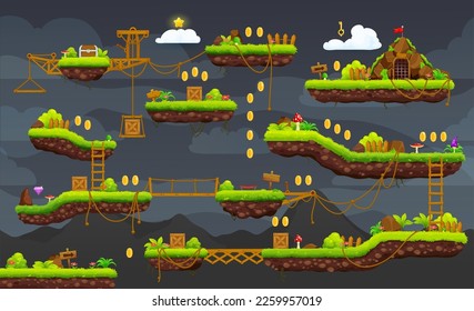 2d interfaz de mapa de nivel nocturno de juegos de arcade. Plataforma, llave, escaleras, monedas e íconos del pecho. Nivel de videojuego clásico o capa vectorial de arcade de consola, fondo de escenario de juego retro con cuerdas, plataformas de salto