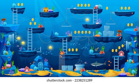 2d interfaz de mapa de nivel submarino de juegos de arcade. Iconos de tiburón, plataforma, escaleras, monedas, bonos y tesoros. Vectores de dibujos animados bajo el agua del mar o el fondo del océano con antiguas ruinas hundidas