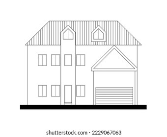 
2D architectural graphic CAD illustration of the front facade of a modern house. 2 floors with modern elements. Black and white.