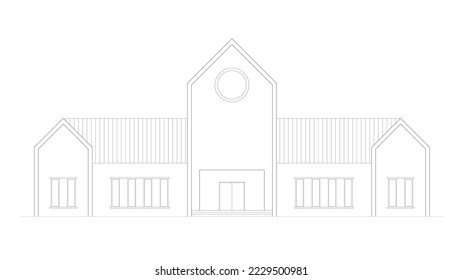 2D architectural graphic CAD illustration of the front facade of a modern house. 2 floors with modern elements. Black and white.
