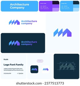 2D architecture company business logo with brand name. Home icon. Creative design element and visual identity. Editable template with rubik font. Suitable for architect, building, construction.