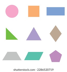 Conjunto de formas geométricas básicas 2D. cuadrado, triángulo derecho, paralelogramo, círculo, rectángulo, trapezoide, rhombus y pentágono. Ilustración vectorial aislada en fondo blanco.