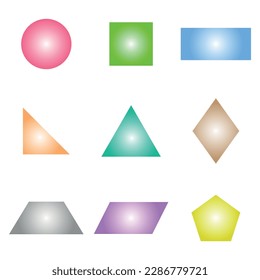 2D basic geometric shapes set. Square, right triangle, parallelogram, circle, rectangle, trapezoid, rhombus and pentagon shapes. Vector illustration isolated on white background.