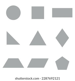 2D basic geometric shapes set. Square, right triangle, parallelogram, circle, rectangle, trapezoid, rhombus and pentagon shapes. Vector illustration isolated on white background.