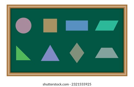 2D basic geometric shapes set. Square, right triangle, parallelogram, circle, rectangle, trapezoid, rhombus and pentagon shapes. Mathematics resources for teachers and students.