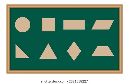 2D basic geometric shapes set. Square, right triangle, parallelogram, circle, rectangle, trapezoid, rhombus and pentagon shapes. Mathematics resources for teachers and students.