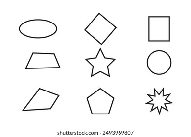 2D basic geometric shapes set. Square, right triangle, parallelogram, circle, rectangle, trapezoid, rhombus and pentagon shapes. Vector illustration isolated on white background.