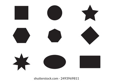 2D basic geometric shapes set. Square, right triangle, parallelogram, circle, rectangle, trapezoid, rhombus and pentagon shapes. Vector illustration isolated on white background.