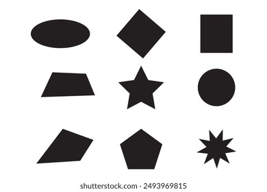 2D basic geometric shapes set. Square, right triangle, parallelogram, circle, rectangle, trapezoid, rhombus and pentagon shapes. Vector illustration isolated on white background.