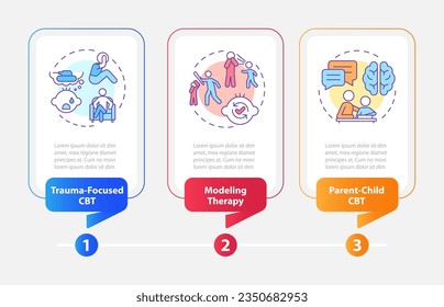 plantilla de infografía vectorial de terapia conductual 2D con el concepto de iconos coloridos de línea delgada, visualización de datos con 3 pasos, cronograma de procesos.