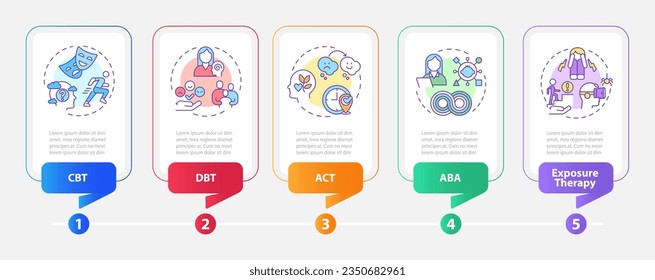 plantilla de infografía vectorial de terapia conductual 2D con iconos de línea multicolor, visualización de datos con 5 pasos, cronograma de procesos.