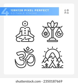 2D black icons set representing meditation, editable thin linear wellness illustration.