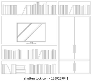 2D black and white CAD drawing of bookshelf from front elevation view. 