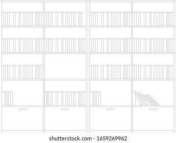 2D black and white CAD drawing of bookshelf from front elevation view. 