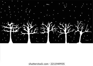 2d black and white silhouette vector of trees and snow