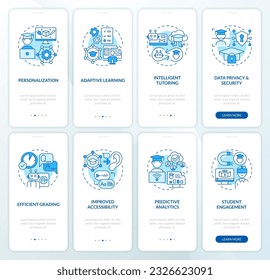 2D blue icons representing AI in education, graphic instructions with linear concepts, app screen.