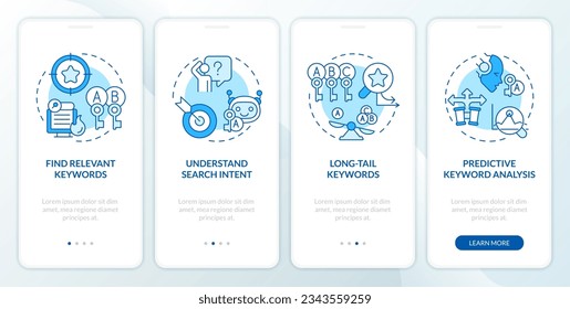 Iconos azules 2D que representan IA para la pantalla de aplicación móvil SEO. Recorrido de 4 pasos instrucciones gráficas con el concepto de iconos de línea, UI, UX, plantilla GUI.