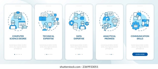 2D blue icons representing AI engineer mobile app screen set. Walkthrough 5 steps graphic instructions with linear icons concept, UI, UX, GUI template.