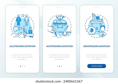 2D blue icons representing cell therapy strategies mobile app screen set. Walkthrough 3 steps monochromatic graphic instructions with thin line icons concept, UI, UX, GUI template.