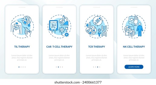2D blaue Symbole, die die Zelltherapie-Typen des mobilen App-Sets für Immuntherapie darstellen. Probieren Sie 4 Schritte monochromatische grafische Anleitungen mit Thin-Line-Icons-Konzept, Benutzeroberfläche, UX, GUI-Vorlage aus.