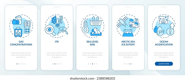 Iconos azules en 2D que representan la pantalla de aplicación móvil de las métricas climáticas. Recorrido 5 pasos instrucciones gráficas monocromáticas con el concepto de iconos de línea delgada, UI, UX, plantilla GUI.