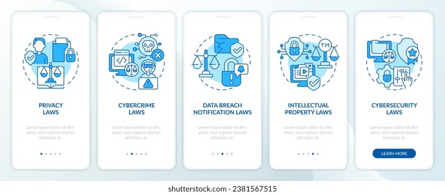 2D blue icons representing cyber law mobile app screen set. Walkthrough 5 steps monochromatic graphic instructions with thin line icons concept, UI, UX, GUI template.