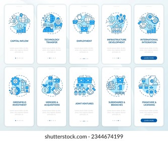 2D blue icons representing foreign direct investment mobile app screen set. Walkthrough 5 steps colorful graphic instructions with linear concepts, UI, UX, GUI template.