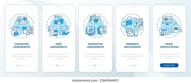 2D blue icons representing MOOC mobile app screen set. Walkthrough 3 steps monochromatic graphic instructions with line icons concept, UI, UX, GUI template.