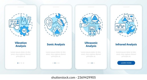 2D blue icons representing predictive maintenance mobile app screen set. Walkthrough 4 steps graphic instructions with linear icons concept, UI, UX, GUI template.