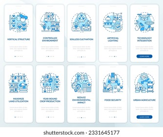 2D blue icons representing vertical farming and hydroponics mobile app screen set. Walkthrough 5 steps colorful graphic instructions with linear concepts, UI, UX, GUI template.