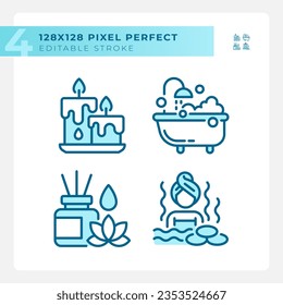 2D blue icons set representing meditation, editable thin linear wellness illustration.